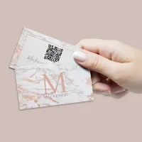 Stylish Rose Gold Foil Marble Monogram QR Code Business Card