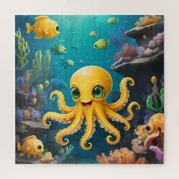 Cute Yellow Baby Octopus Smiling Under the Sea Jigsaw Puzzle