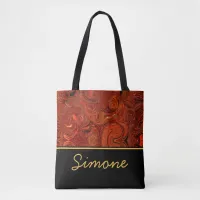 Liquid marble swirl red gold custom name tote bag