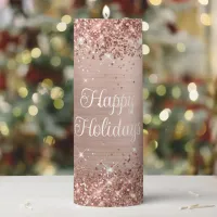 Glittery Rose Gold Foil Happy Holidays Pillar Candle