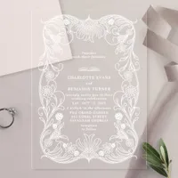 White Ornate Floral Vintage Wedding Acrylic Invitations