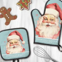 Vintage Watercolor Santa Face Christmas Custom Oven Mitt & Pot Holder Set