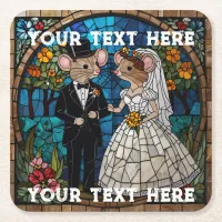 Mosaic Mouse Wedding Couple Stained Glass Effect. Square Paper Coaster