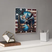 Moose in Front of Mountain and American Flag Square Wall Clock