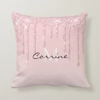 Monogram Dusty Pink Dripping Glitter Metallic Blus Throw Pillow