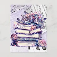 Vintage Stack of Books and Roses Postcard