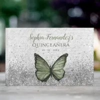 Vintage Olive Sage Silver Butterfly Quincea&#241;era  Guest Book