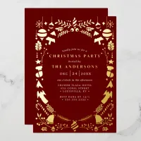 Festive Modern Gold Dark Red Christmas Party Foil Invitation