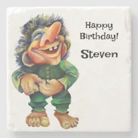 Scandinavian Funny Troll Illustration Watercolor Stone Coaster