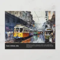 Kolkata Trams watercolor painting. Postcard