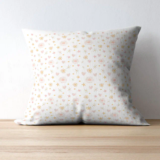 Kids Cute Ditsy Pattern of Suns, Hearts, and Stars Throw Pillow