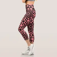 Salmon Pink and Black Snowflake pattern Capri Leggings