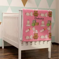 Little Girl Blocks Teddy Bear Bottle Pattern Pink Baby Blanket