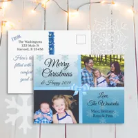 Merry Christmas Family Photos Blue Snowflakes Holiday Postcard