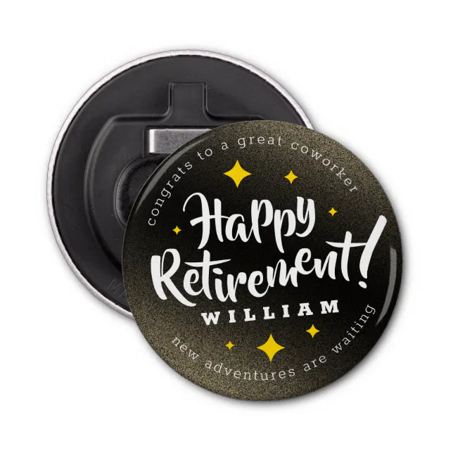 Fun Gold Glitter Stars Retirement New Adventures Bottle Opener