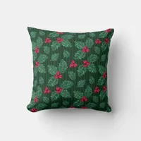 Red Holly Berries on Green Christmas Theme  Throw Pillow