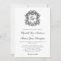 Elegant Black and White Monogram Crest Wedding Invitation
