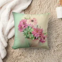 Pot of Pink Watercolor Flowers  Throw Pillow