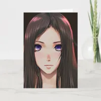 Cute Anime Girl with Brown Hair and Blue Eyes Card