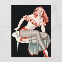 vintage pinup art redhead in red postcard