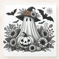 Girly Ghost with Flowers Cute Halloween Glass Coaster