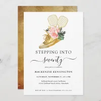Stepping Into 70 Floral Gold Shoe Pickleball Invitation