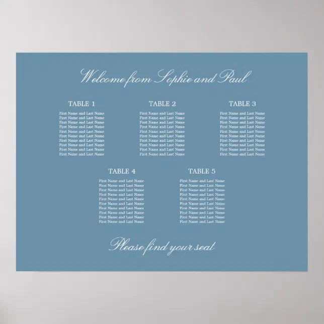 Dusty Blue 5 Table Wedding Seating Chart Poster