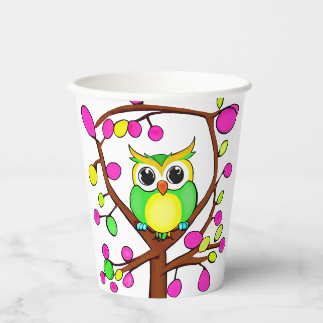 Happy owl in a multicolored tree paper cups