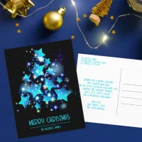 Modern Christmas Tree Blue Stars Lights on Black Holiday Postcard