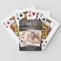 Modern Unique Script 3 Photo Wedding Save The Date Poker Cards