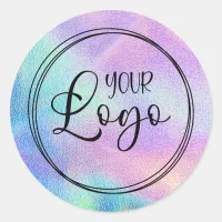 Holographic Faux Aqua Rainbow Foil Logo Classic Round Sticker