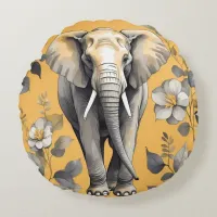 Cute Large Elephant Walking over Yellow Daisies Round Pillow