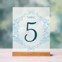 Elegant Floral & Bow Blue Wedding Table Number Acrylic Sign