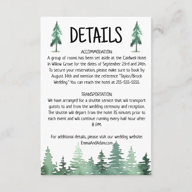 Rustic Mountain Watercolor Forest Tree Details Enclosure Card