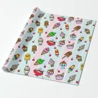 Whimsical Ice Cream and Cherries Birthday Wrapping Paper