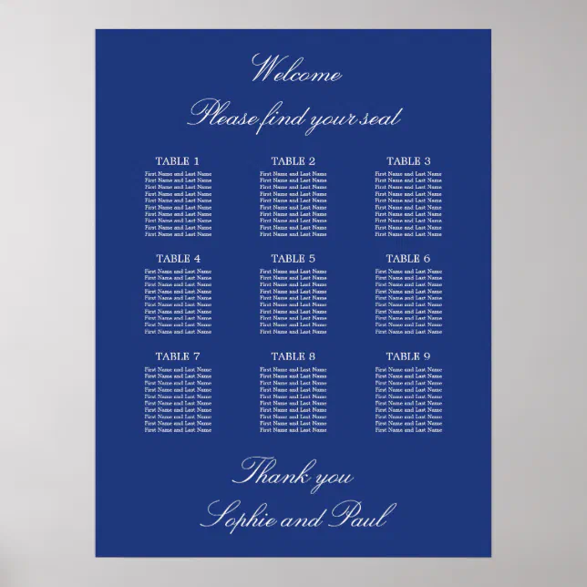 Dark Blue 9 Table Wedding Seating Chart Poster