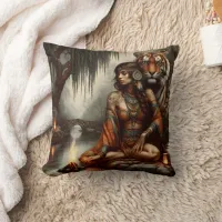 Native American Woman Meditating by Water Throw Pillow