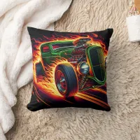 Hot rod speeding through flames at sunset throw pillow