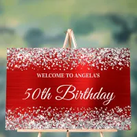 Silver Glitter Red 50th Birthday Welcome Acrylic Sign