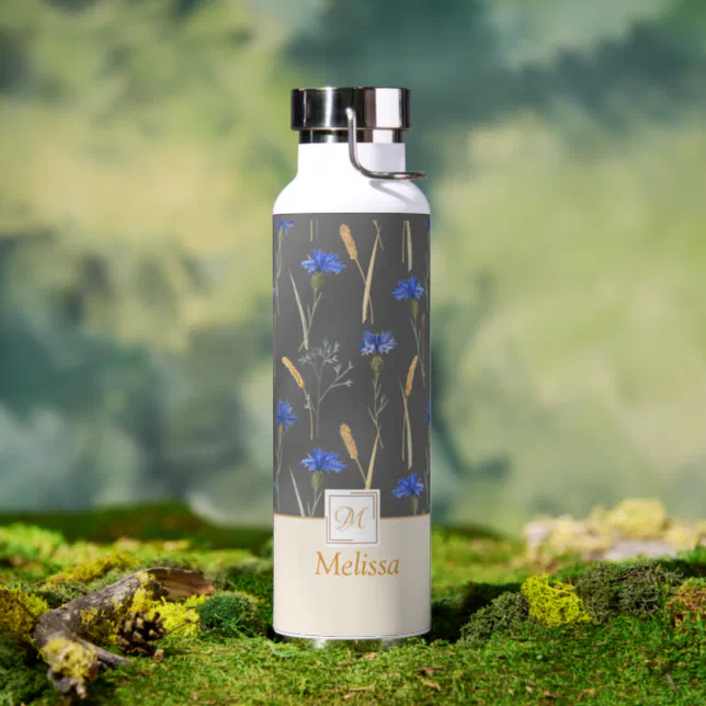 Grey Floral Wildflower Monogram Water Bottle
