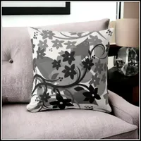 [Retro Floral] Gray Grey Botanical Graphic Design Throw Pillow