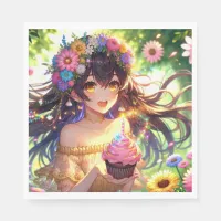 Pretty Anime Girl with Cupcake Birthday  Napkins