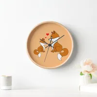 Cute foxes with hearts, hand drawn clock