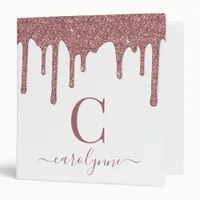 Chic Pink Rose Gold Glitter Sparkle Drips Monogram 3 Ring Binder