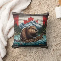 Beaver by Mountain, Canadian Flag Throw Pillow