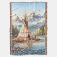 Traditional Native Indian Teepee Nature Scene Digi Throw Blanket