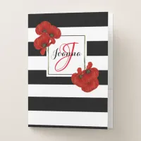 Red Poppies on Black & White Striped Background Pocket Folder