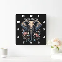 Floral dawn elephant art square wall clock