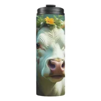 Cute White Ai Cow with Horns and Flowers Thermal Tumbler