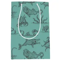 Sea Monster Line Art in Charcoal & Haint Blue Medium Gift Bag